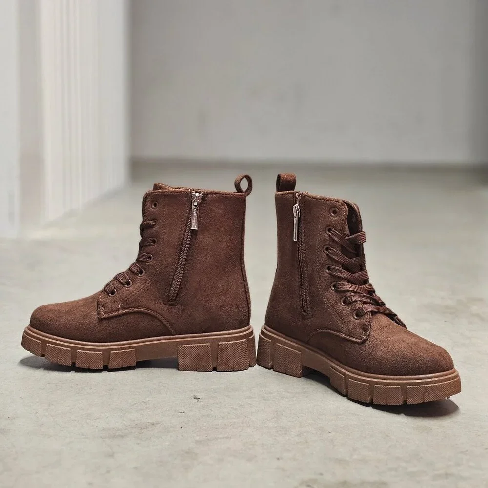 Chunky Sole Brown Faux Suede Combat Boots With Side Zipper & Lace-Up Closure For - Picture 5 of 13